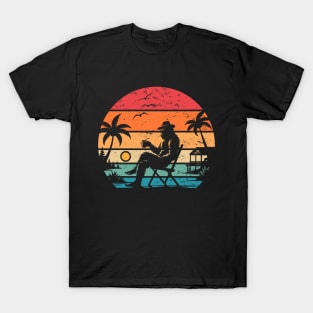 Bigfoot Sasquatch On The Beach Retro Sunset Tropical Beach T-Shirt